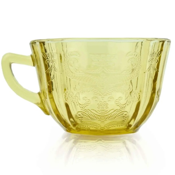 Depression Glass Vintage Tea Cups Sugar Bowl Set Madrid, Poinsettia Pink Yellow - Picture 5 of 10